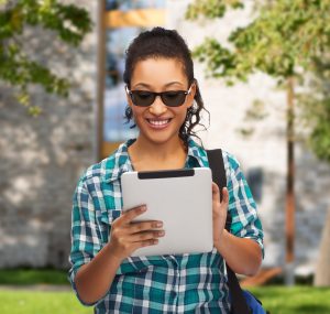 Woman outside wearing photochromic lenses